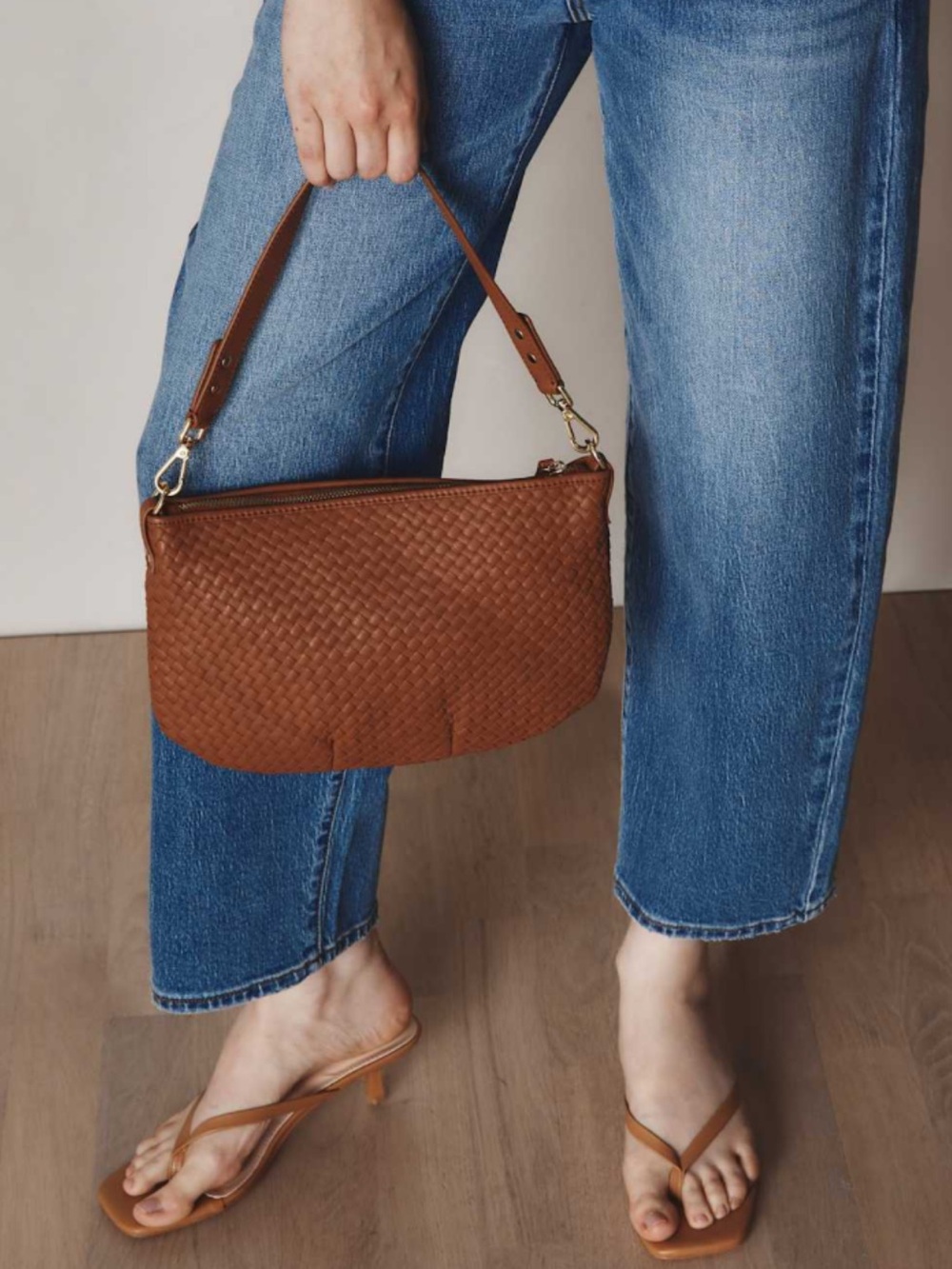 Quince Large Woven Leather Shoulder Bag in Camel brown.